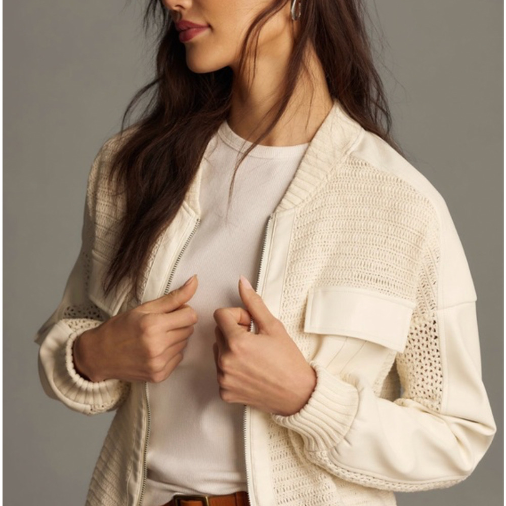 Anthropologie Cardigan Womens M Medium Cream Crochet Bomber Faux Leather Panels - Picture 13 of 14